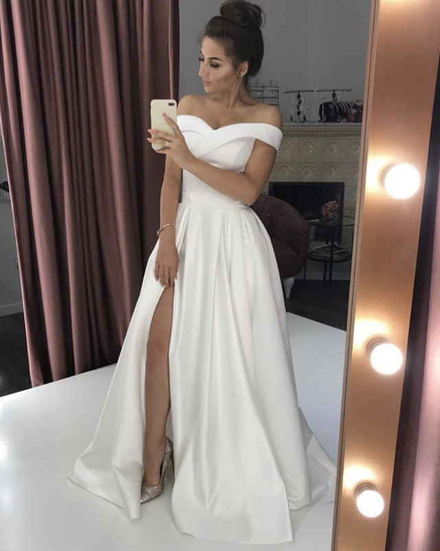 Long Satin Split Off Shoulder Dresses For Weddings