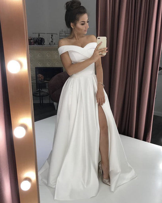 Long Satin Split Off Shoulder Dresses For Weddings