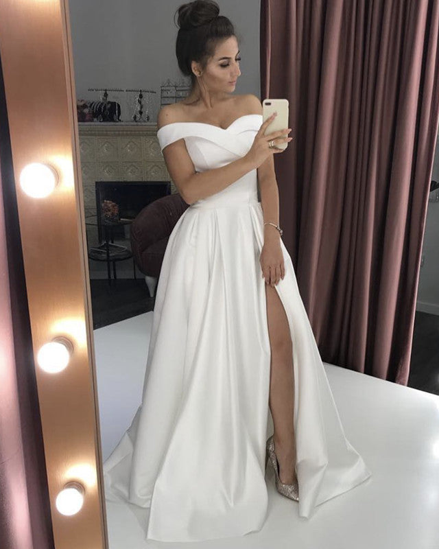 Long Satin Split Off Shoulder Dresses For Weddings