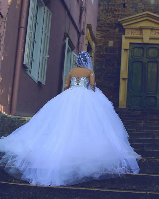 Princess Wedding Dress Crystal Beaded Illusion Sleeves