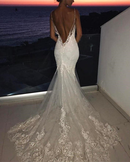 V Neck Lace Mermaid Wedding Dress Removable Skirt