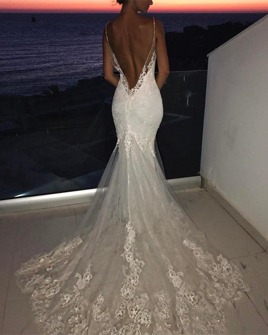 V Neck Lace Mermaid Wedding Dress Removable Skirt