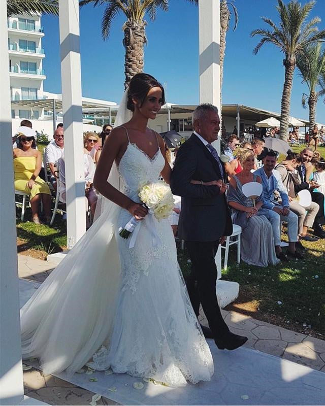 V Neck Lace Mermaid Wedding Dress Removable Skirt