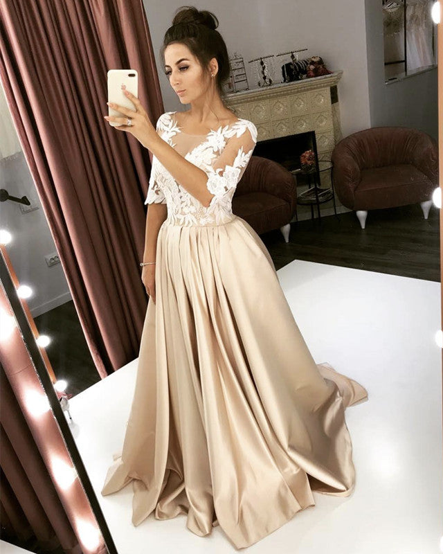 Satin Wedding Dresses Lace Half Sleeves
