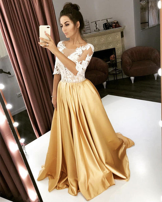 Satin Wedding Dresses Lace Half Sleeves
