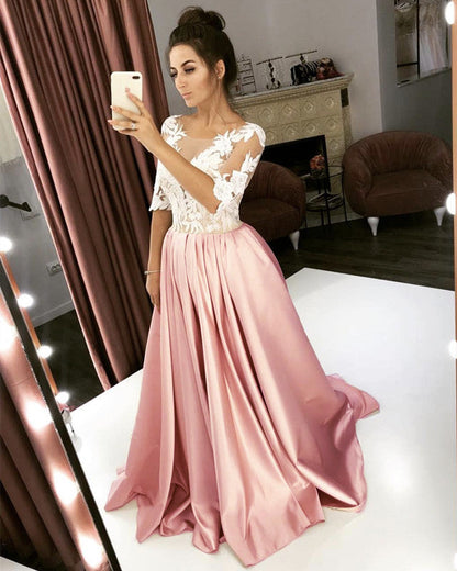 Satin Wedding Dresses Lace Half Sleeves