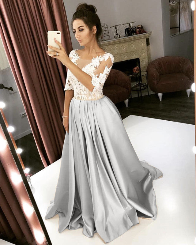 Satin Wedding Dresses Lace Half Sleeves