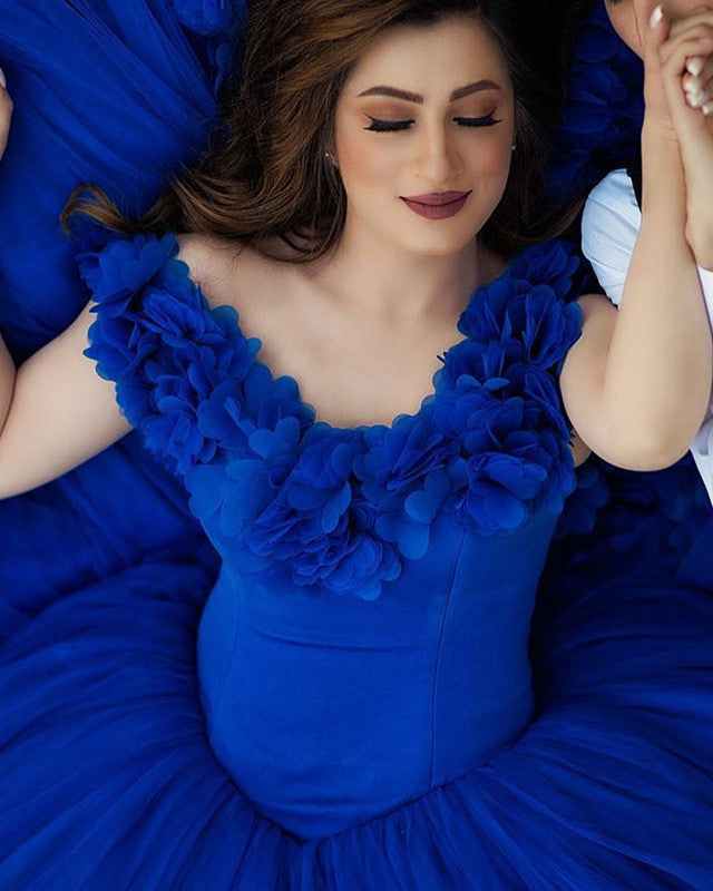 Royal Blue Ball Gown Wedding Dress Flowers Off Shoulder