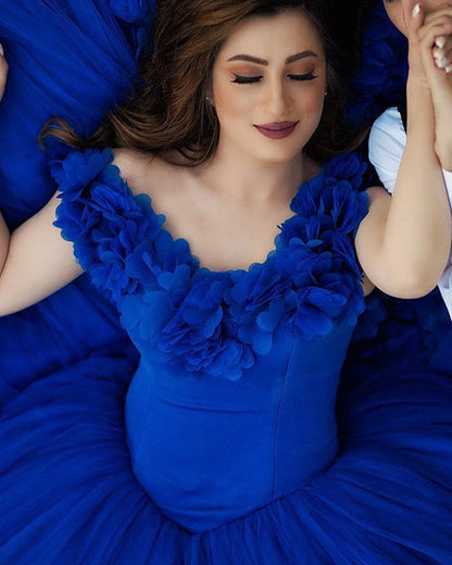 Royal Blue Ball Gown Wedding Dress Flowers Off Shoulder