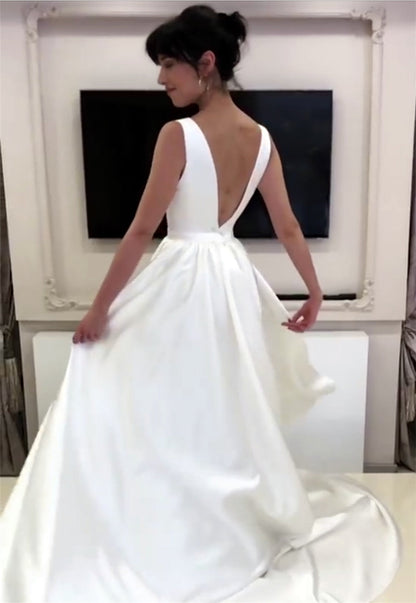 A Line Wedding Dress Satin Plunge Neck