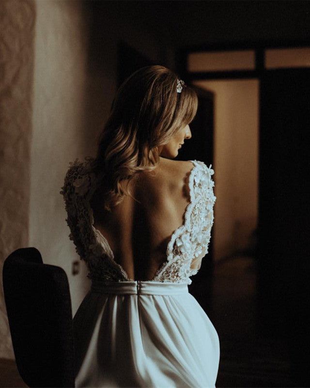 Elegant Boho Wedding Dress Lace Flowers Long Sleeves