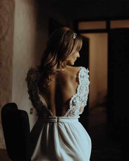 Elegant Boho Wedding Dress Lace Flowers Long Sleeves