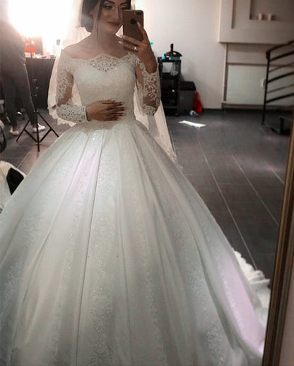 Vintage Wedding Gown Lace Long Sleeves Off The Shoulder