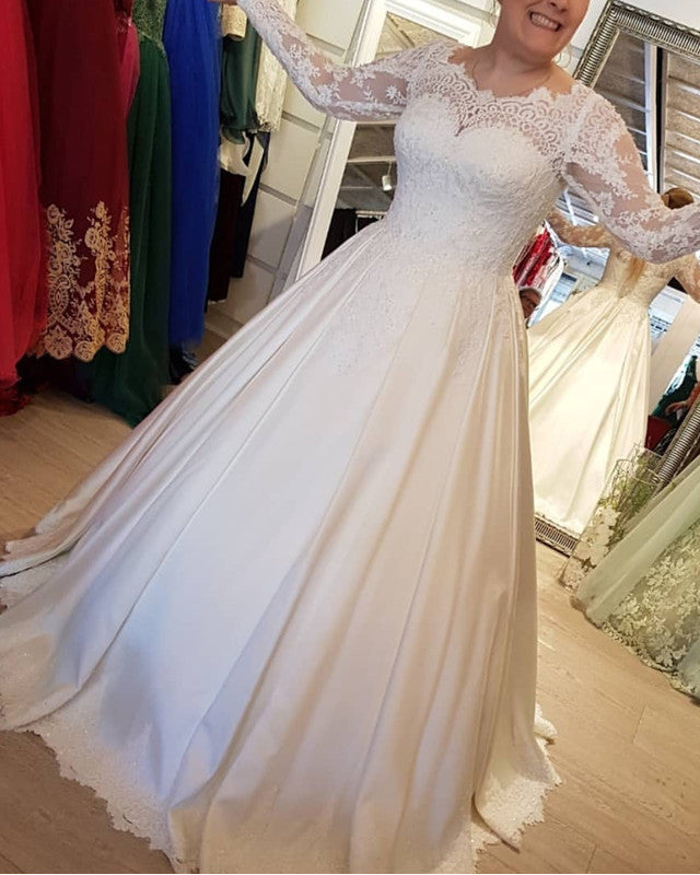 Modest Lace Long Sleeves Wedding Dress Satin