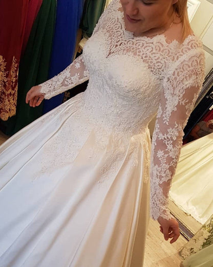 Modest Lace Long Sleeves Wedding Dress Satin