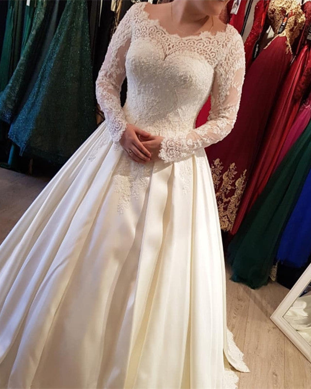 Modest Lace Long Sleeves Wedding Dress Satin