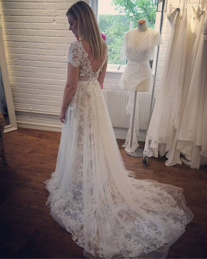Cap Sleeves Wedding Lace Dress Tulle Skirt