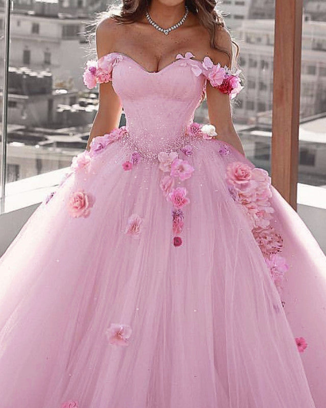 Blush Pink Wedding Dress Floral Flowers Ball Gown Off Shoulder