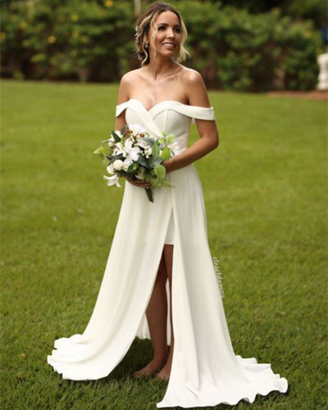 Summer Wedding Dress Satin Split Off The Shoulder