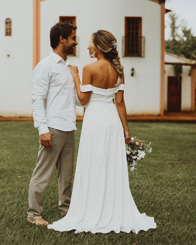 Summer Wedding Dress Satin Split Off The Shoulder