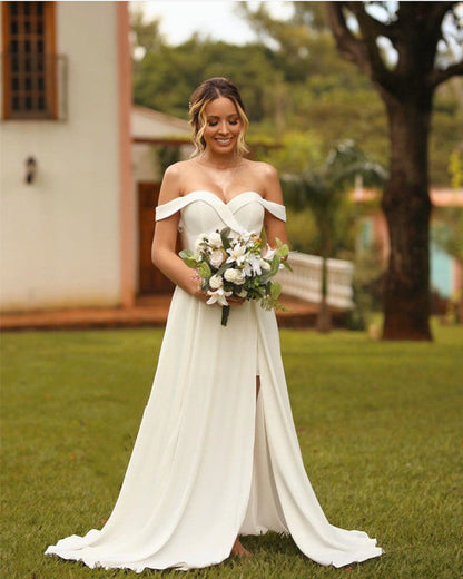 Summer Wedding Dress Satin Split Off The Shoulder