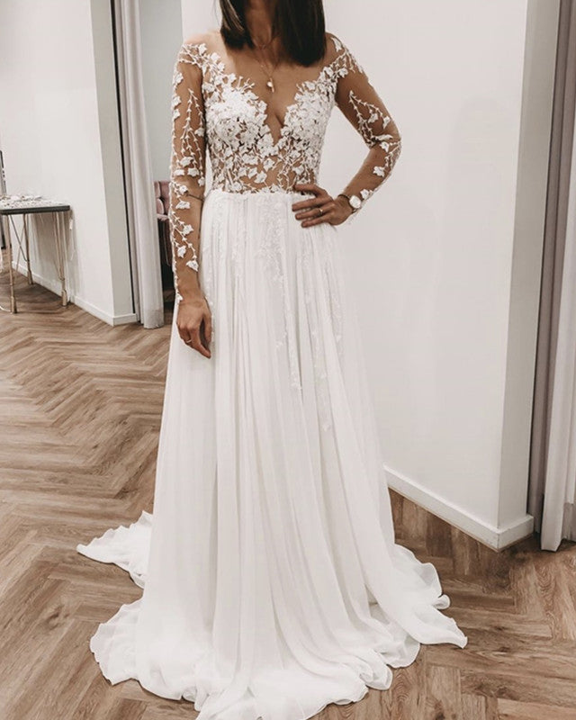 Long Sleeves Wedding Beach Dresses Chiffon Appliques