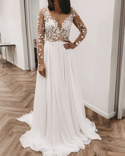 Long Sleeves Wedding Beach Dresses Chiffon Appliques
