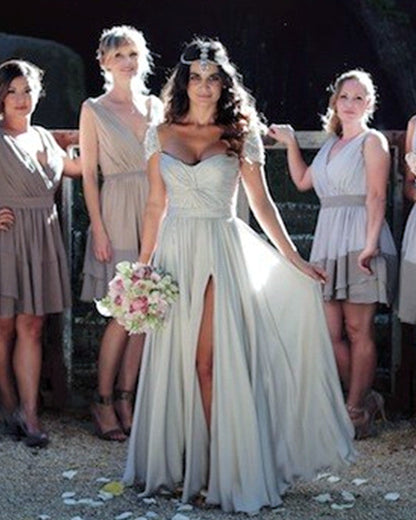 Pearl Beaded Cap Sleeves Wedding Dress Chiffon Split