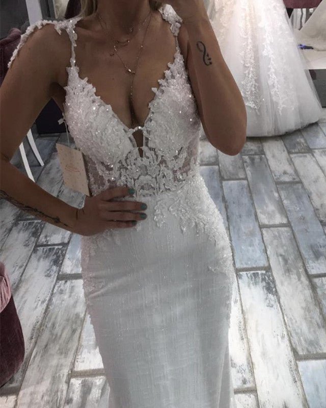 Mermaid Wedding Dress Square Sequins Tulle Lace V Neck