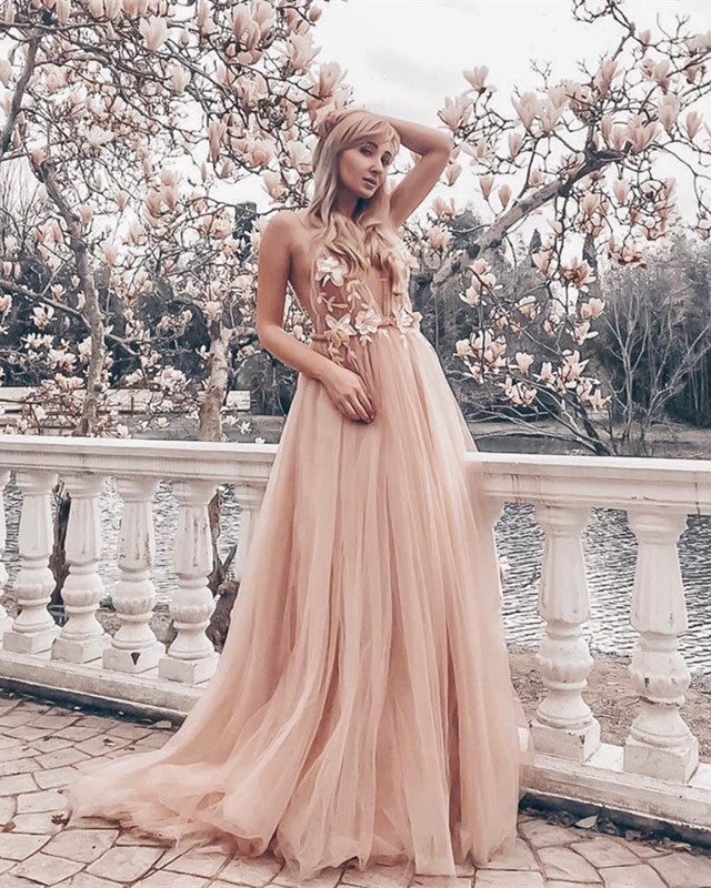 Tulle Boho Wedding Dress Plunge Neck Floral Flowers