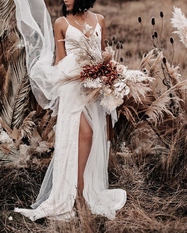 Boho Split Wedding Dress Lace V Neck Tulle Ruffles