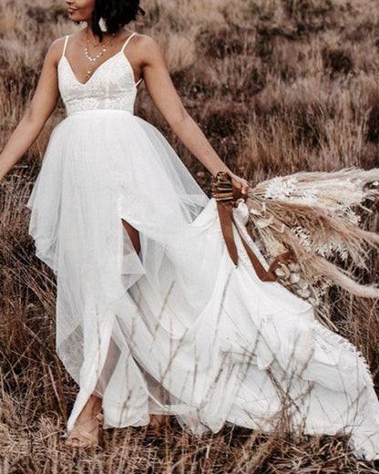 Boho Split Wedding Dress Lace V Neck Tulle Ruffles