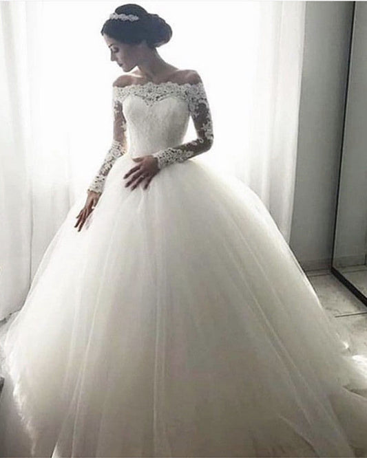 Tulle Wedding Dress Sheer Lace Sleeves Ball Gown Off Shoulder