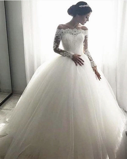 Tulle Wedding Dress Sheer Lace Sleeves Ball Gown Off Shoulder