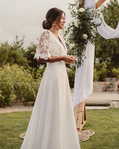 Boho Wedding Dress Satin V Neck Lace Sleeves