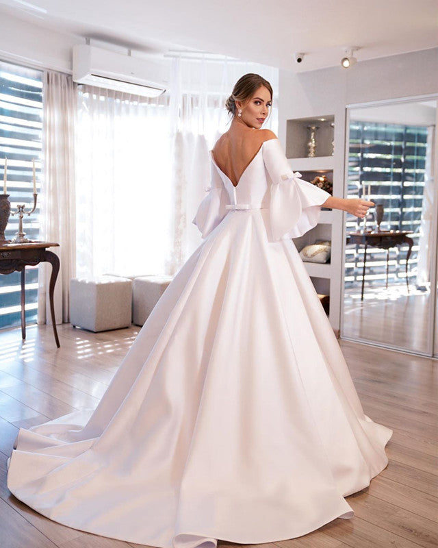 Puffy Sleeves Wedding Dress Satin Off Shoulder