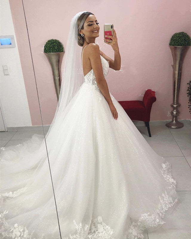 Sheer Bodice Wedding Dress Ball Gown V Neck Appliques