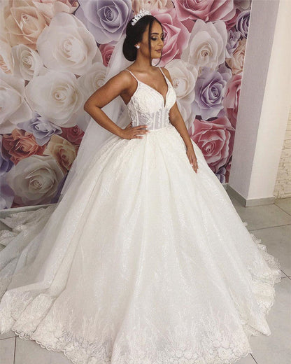 Sheer Bodice Wedding Dress Ball Gown V Neck Appliques