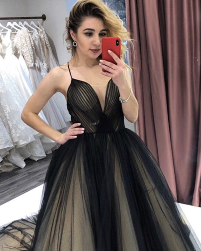 Black And Nude Wedding Dress Tulle V Neck
