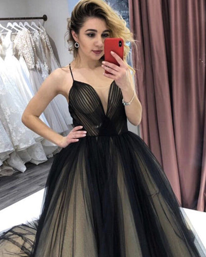 Black And Nude Wedding Dress Tulle V Neck