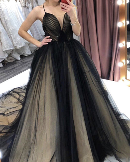 Black And Nude Wedding Dress Tulle V Neck