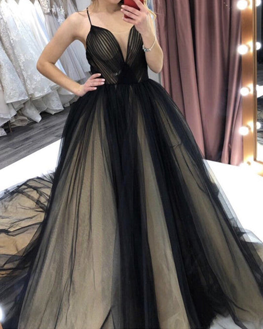 Black And Nude Wedding Dress Tulle V Neck