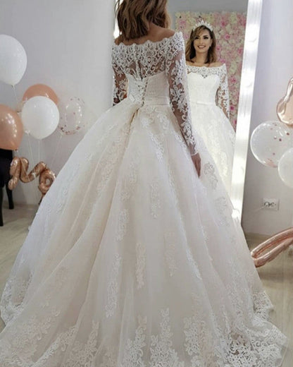 Puffy Wedding Dress Off The Shoulder Lace Sleeves