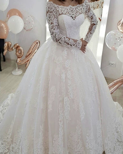 Puffy Wedding Dress Off The Shoulder Lace Sleeves