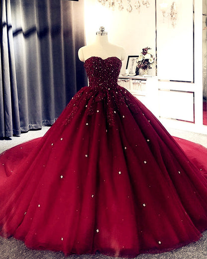 Sweetheart Wedding Dress Tulle Ball Gown Lace Beaded