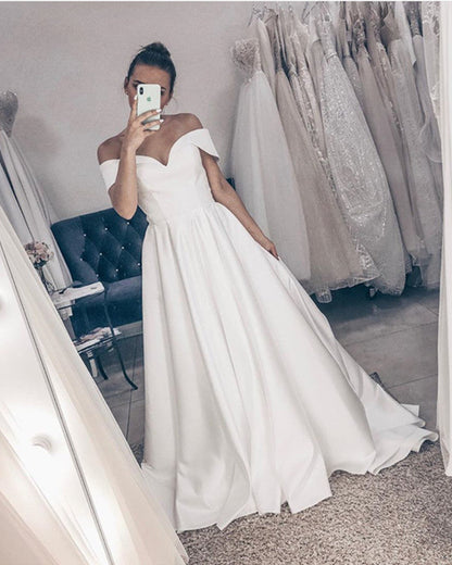 Simple Wedding Gown A Line Satin Off Shoulder