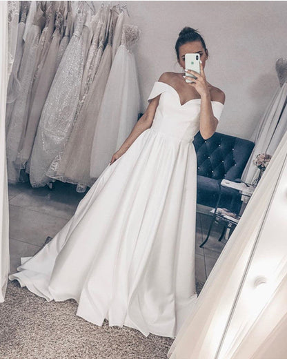 Simple Wedding Gown A Line Satin Off Shoulder