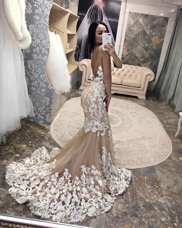 Tulle Backless Mermaid Wedding Dress Lace Ivory