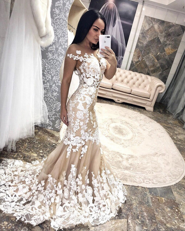 Tulle Backless Mermaid Wedding Dress Lace Ivory