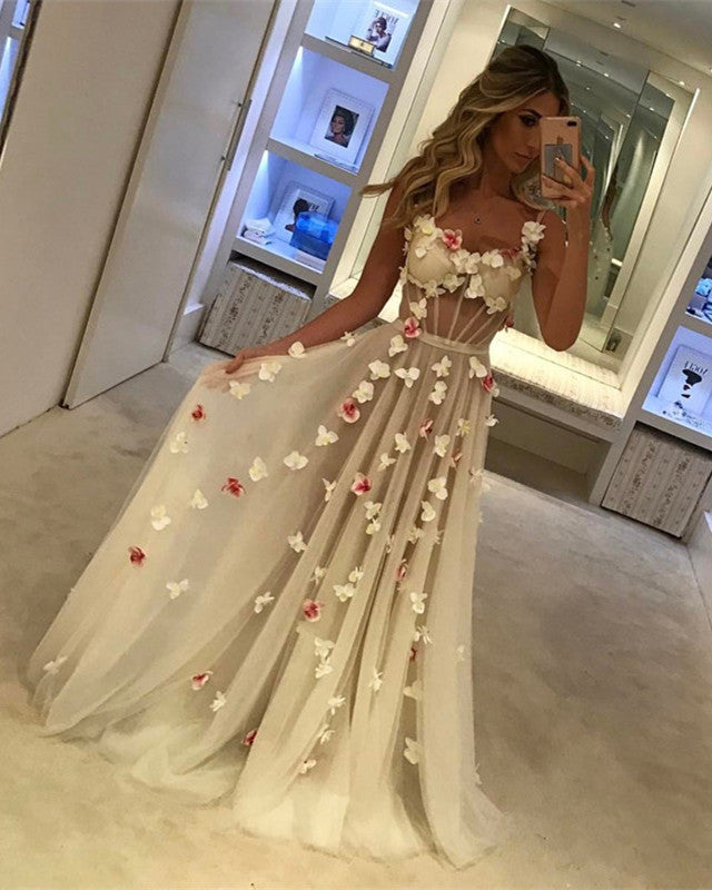 See Through Tulle Wedding Boho Dresses 3D Flowers